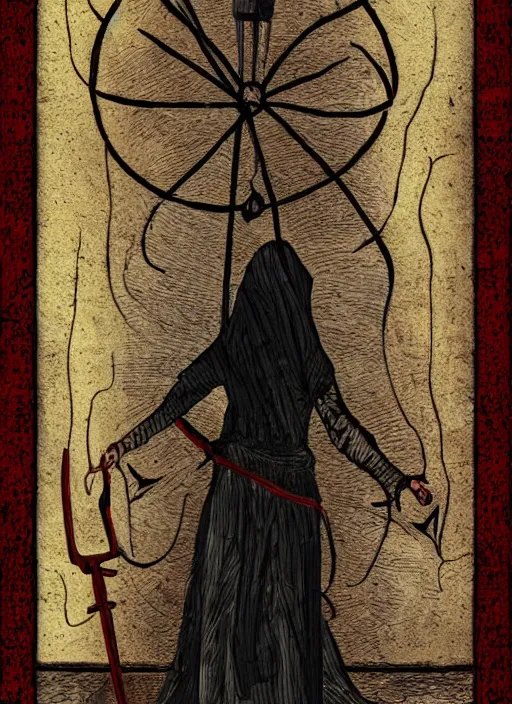 Prompt: tarot card of the doubts, ghost in prison cell stalks visitor, high quality image, modern digital art, stylish, black and red