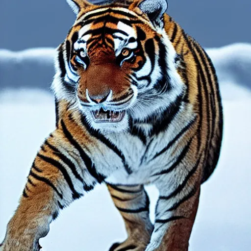 Prompt: A shark tiger hybrid in the Arctic snow. A creature that is half tiger half shark. National Geographic photograph