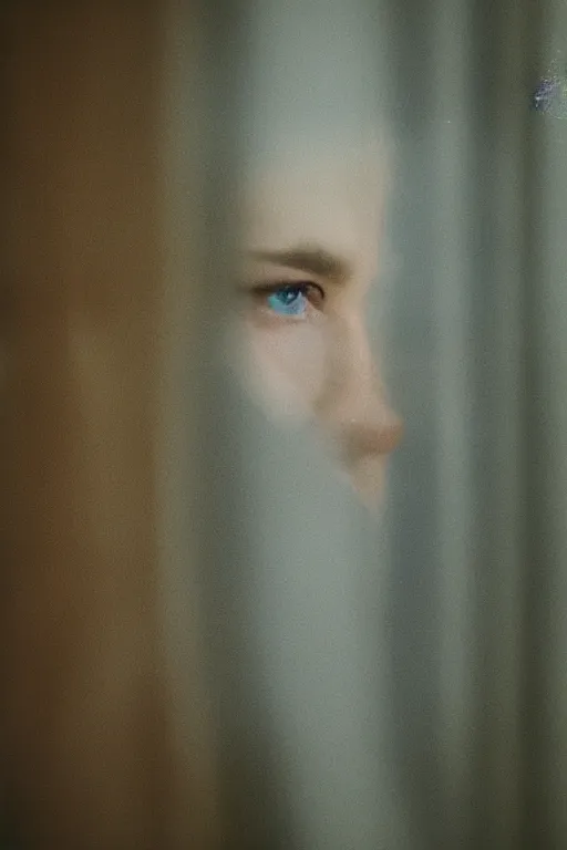 Image similar to kodak portra 4 0 0 photograph of a person looking out through their window, eyes, beautiful eyes, stunning eyes, close up, telephoto, faded effect, grain,