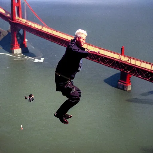 Image similar to national geographic photo of Bill Clinton bungie jumping off golden gate Bridge
