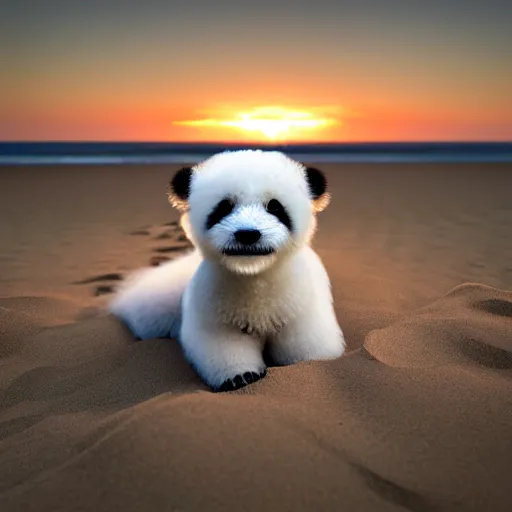 Image similar to a closeup photorealistic photograph of panda themed white bichon frise smiling on the beach at sunset. This 4K HD image is Trending on Artstation, featured on Behance, well-rendered, extra crisp, features intricate detail and the style of Unreal Engine.