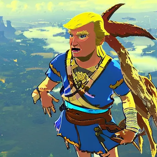 Image similar to “ a still of a donald trump divine beast in breath of the wild ”