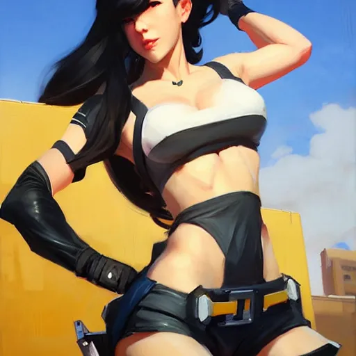 Image similar to Greg Manchess portrait painting o Tifa Lockheart as Overwatch character, medium shot, asymmetrical, profile picture, Organic Painting, sunny day, Matte Painting, bold shapes, hard edges, street art, trending on artstation, by Huang Guangjian and Gil Elvgren and Sachin Teng