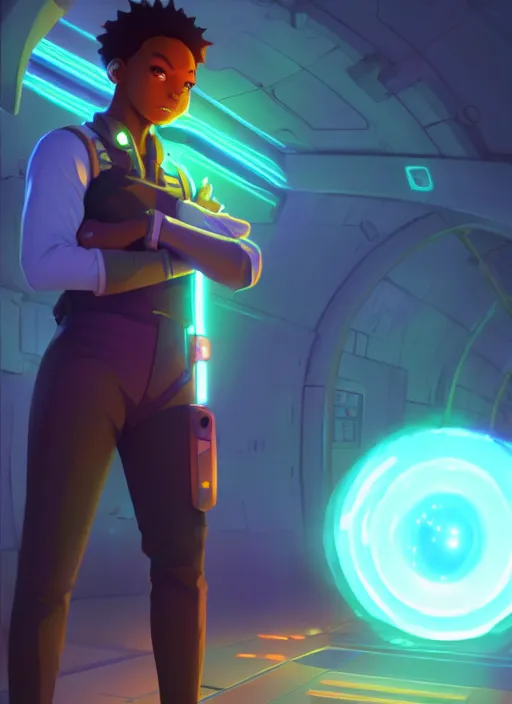 Image similar to engineer stepping through glowing portal, handsome black man, full body cinematic | hyperrealistic digital painting by makoto shinkai, ilya kuvshinov, lois van baarle, rossdraws | afrofuturism in the style of hearthstone and overwatch, trending on artstation | green highlights and complimentary colors