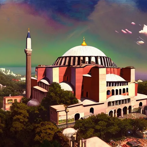 Image similar to a highly detailed painting of the hagia sophia and the done of the rock in a vaporwave style, ultrawide lense, aerial photography, unreal engine, exquisite detail, 8 k, art by greg rutkowski and alphonse mucha