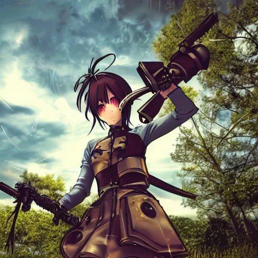 Image similar to anime girl with steampunk weapons preparing to fight a giant robot, extremely detailed, cinematic lighting, beautiful, intense, clouds, lush, trees,