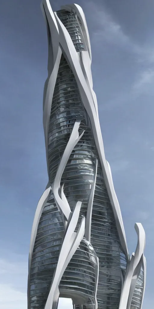 Image similar to epic futuristic tower, highly detailed, realistic, by zaha hadid