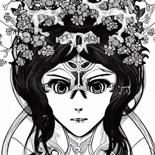 Image similar to anime manga skull portrait young woman hair floral crown fairytale comic skeleton illustration xmen style by Alphonse Mucha and Steve Ditko and Jim Lee pop art nouveau