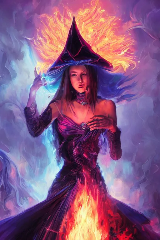 Prompt: a fancy portrait of a beautiful dark magician women wearing a great witches hat covered in colourfull flames by Greg Rutkowski, Sung Choi, Mitchell Mohrhauser, Maciej Kuciara, Johnson Ting, Maxim Verehin, Peter Konig, final fantasy , mythical, 8k photorealistic, cinematic lighting, HD, high details, atmospheric,