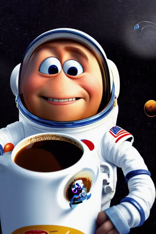 Image similar to portrait of a astronaut holding a cup of coffee with the space in background, full body. pixar disney 4 k 3 d render funny animation movie oscar winning trending on artstation and behance, ratatouille style