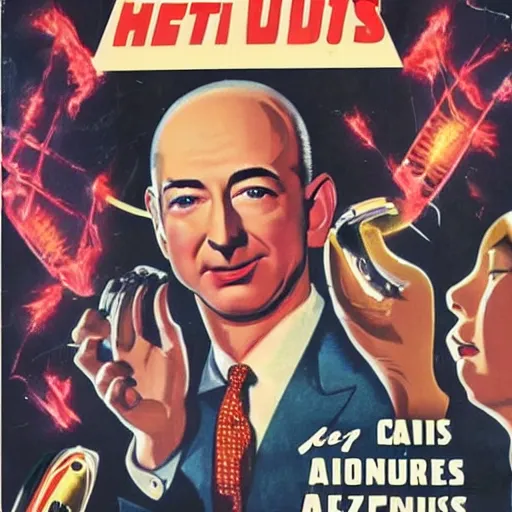 Image similar to 1 9 5 0 s sci - fi movie poster of jeff bezos being abducted by aliens