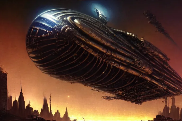 Image similar to low angle of a shiny metallic extraterrestrial war spaceship unloading its cargo in a destroyed new york city, in the style of frank frazetta and h. r. giger, ultra realistic, atmosphere, glow, detailed, intricate, cinematic lighting, trending on artstation, 4 k, hyper - realistic, immersed, extreme details, cinematic, masterpiece