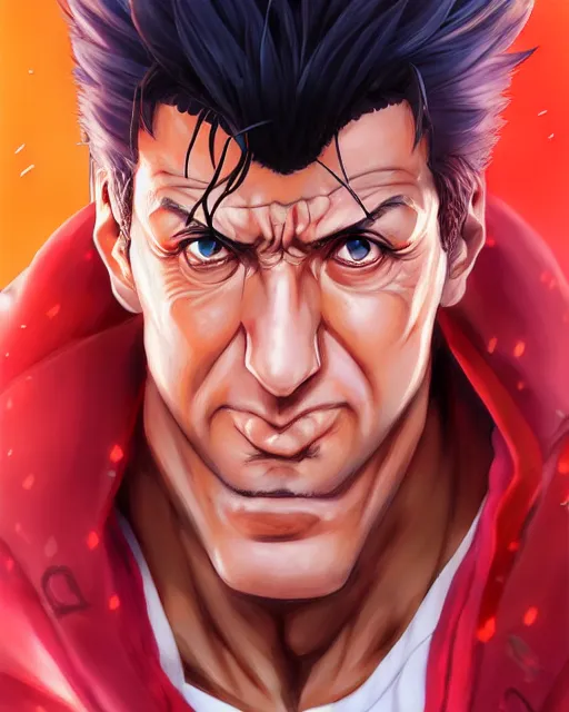 Image similar to anime portrait of Sylvester Stallone as an anime man by Stanley Artgerm Lau, WLOP, Rossdraws, James Jean, Andrei Riabovitchev, Marc Simonetti, and Sakimichan, trending on artstation