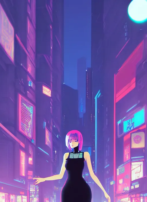 Image similar to digital illustration of cyberpunk pretty girl with blue hair, wearing a tight black dress, in city street at night, by makoto shinkai, ilya kuvshinov, lois van baarle, rossdraws, basquiat