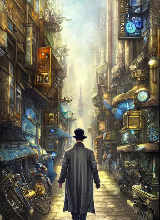 Prompt: techno sherlock holmes on a city street, futuristic, digital painting, detailed, realistic, digital art, by alayna lemmer