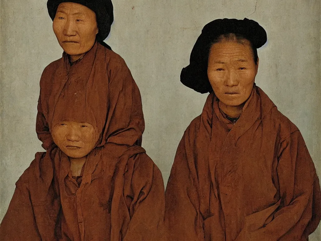 Image similar to portrait of a sad Mongolian street woman. Painting by Jan van Eyck, August Sander.