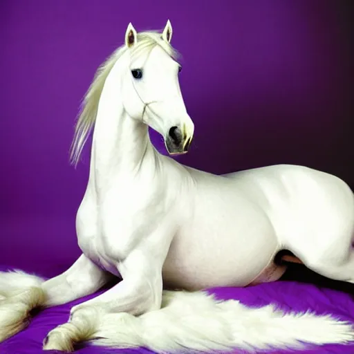 Image similar to boudoir photography of a white mare, purple mane and tail, oversized hindquarters, lying on a white blanket, photography by Annie Leibovitz