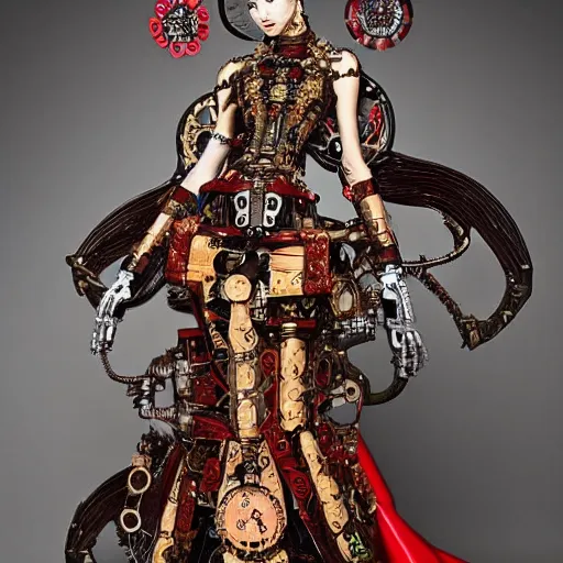 Prompt: steampunk clockwork durga mecha by marek okon designed by alexander mcqueen dress by guo pei by Utagawa Kuniyoshi