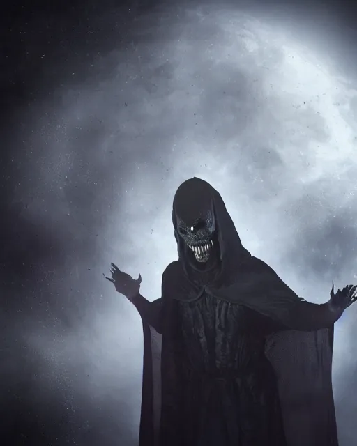 Prompt: an evil horrible frightening creepy smooth detailed 8 k hi res 8 0 mm photo shoot in space of the ghost called shadow eater a demon vampire wearing heavy robes and showing his multiple layers of fangs god rays misty atmospheric dawn volumetric lighting cinema 4 d hassleblad future alien floating in galaxy 1 9 4 0 s monster