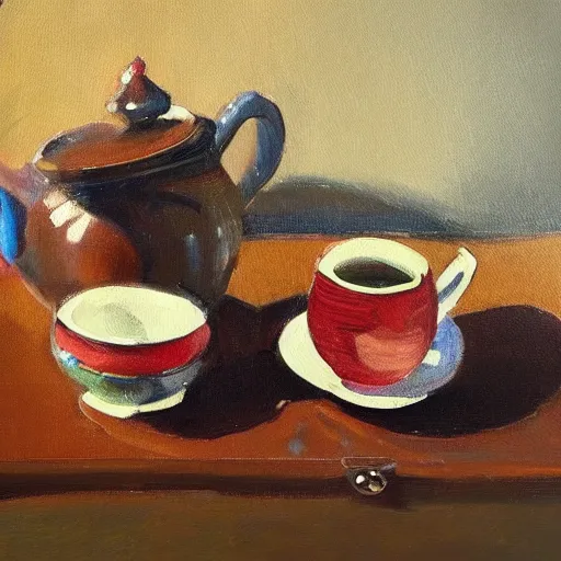 Image similar to a painting of a tea set on a table, a still life by marshall arisman, artstation contest winner, american scene painting, rim light, rich color palette, oil on canvas