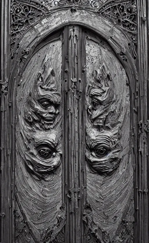 Image similar to door with carved sinister face head. cast iron. gothic medieval baroque. symmetry. epic. ominous shapes. hyper detailed. photoreal