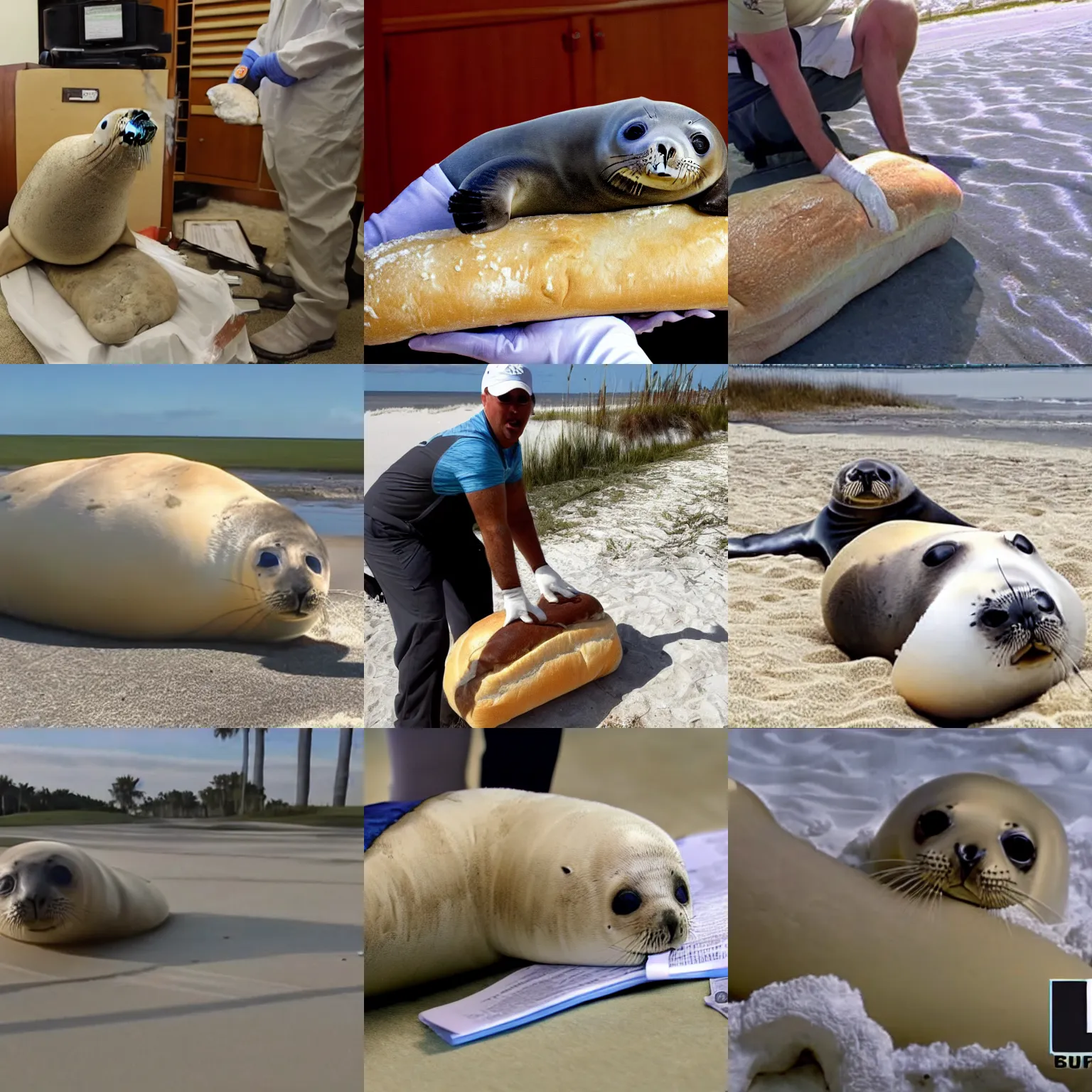Prompt: baby seal disguised as a loaf of bread seizes nuclear documents! from florida golf resort with explosions! everywhere, high quality realistic news camera footage