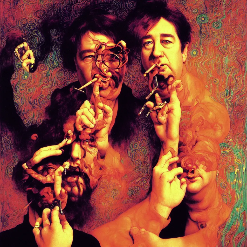 Image similar to weird and disturbing portrait of bill hicks smoking, vivid colors, neon, art by ( ( ( kuvshinov ilya ) ) ) and wayne barlowe and gustav klimt and artgerm and wlop and william - adolphe bouguereau