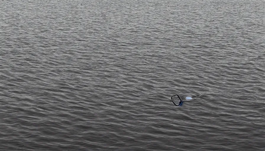 Image similar to photograph of an infinitely long rope floating on the surface of the water, the rope is snaking from the foreground towards the center of the lake, a dark lake on a cloudy day, anamorphic lens, kodak color film stock