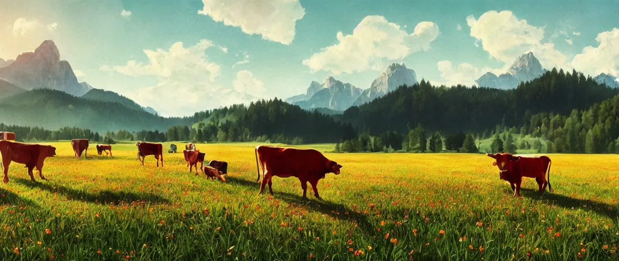 Image similar to a ultra photorealistic and sharp film still of an a sunny and colourful open field in 1 9 0 0 in the middle of the bavarian alps, germany. cows. wide shot, wes anderson, studio ghibli, pixar and disney animation, octane render, anime key art by greg rutkowski, dramatic lighting, award winning photography