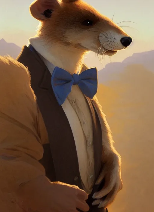 Prompt: Character portrait of a happy furry anthro weasel wearing a tan vest, bowtie, black slacks in the desert wilderness, intricate, elegant, highly detailed, digital painting, artstation, concept art, smooth, sharp focus, illustration, art by Krenz Cushart and Artem Demura and alphonse mucha