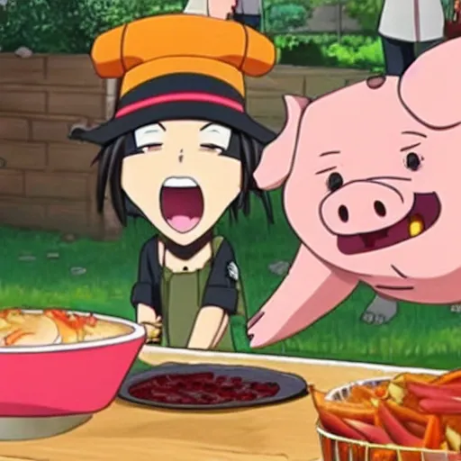 Prompt: an anime of a pig screaming in horror as another pig gets barbequed, funny, by Disney