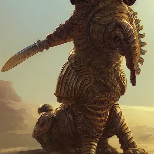 Image similar to A big shar pei dog wearing mesopotamian battle armor, D&D, highly detailed, digital painting, artstation, concept art, sharp focus, illustration, cinematic lighting, art by artgerm and greg rutkowski and alphonse mucha