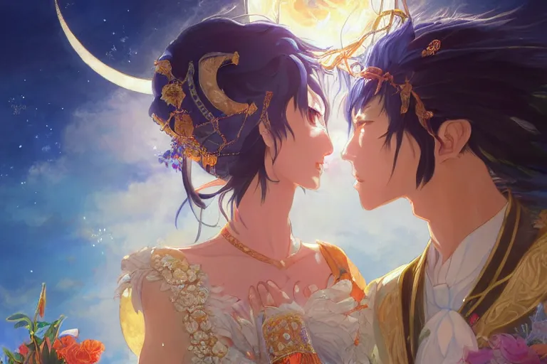 Image similar to close up moment of a divine a japan sun god and a moon goddess lovers magician at a wedding banquet, highly detailed, d & d, fantasy, 4 k realistic, digital painting, trending on artstation, concept art, sharp focus, illustration, art by makoto shinkai and akihiko yoshida and daniel gerhartz