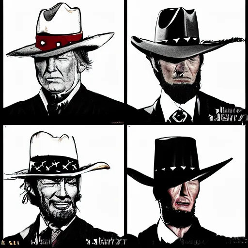 Prompt: donald trump as clint eastwood squinting at high noon in the style of a clint eastwood movie, the good, horse, cactus, the bad and the ugly, abraham lincoln, clint eastwood, steven seagal, vibe, bud spencer, donald trump, glory days, american flag, patriotism, apple pie, black and white, artgerm, trending on artstation