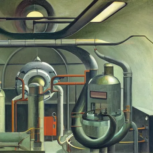 Image similar to engine room, turbines, plasma globes, robot repairmen, reactor core, grant wood, pj crook, edward hopper, oil on canvas