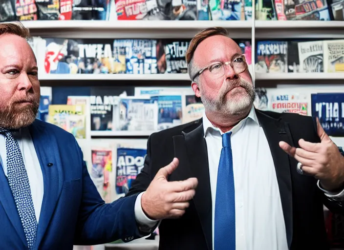 Image similar to dslr photo still of infowars host alex jones in a blue suit fat grey beard and mustache in a!!! room filled to the ceiling with newspapers!!!, 5 2 mm f 1. 8