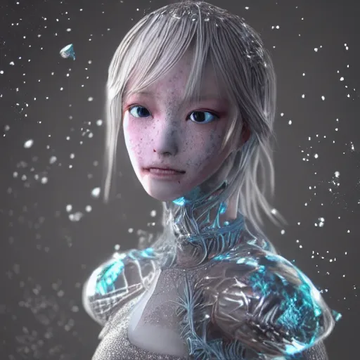 Prompt: full shot anime girl in bikini an intricate and detailed armor made of many layers of ice. no makeup!! freckles!! stalactite hair. haunting eyes. vulnerable. fragile. ethereal. elaborate. ice caves. glaciers. refracted light. extremely soft lighting. textures. delicate. translucent. photorealistic. octane render