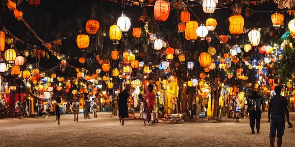 Image similar to african - asian walking street at night. savannah. there are glowing lanterns. street view