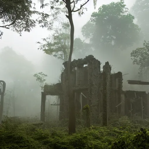 Prompt: Ruins of an apartment complex in a jungle full of mist, DSLR photography, 4k wallpaper
