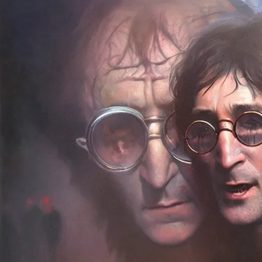 Prompt: john lennon as ritualistic cannibal, ultra realistic, concept art, intricate details, highly detailed, photorealistic, octane render, 8 k, unreal engine, art by frank frazetta, simon bisley, brom