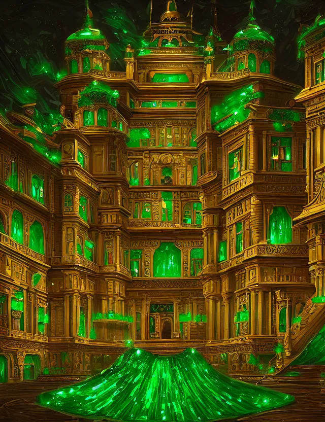 Prompt: a detailed digital painting of a palace made of gleaming emeralds, trending on artstation, digital art, 4 k resolution, detailed, high quality, sharp focus, hq artwork, coherent, insane detail, character portrait