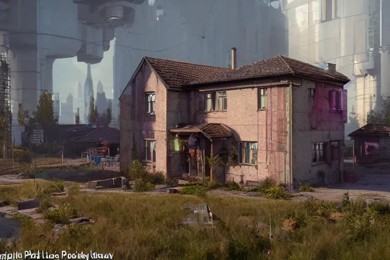 Prompt: cyberpunk, an estate agent listing photo of a 5 bedroom detached house in the countryside, by Paul Lehr, highly detailed, photorealistic, unreal engine, 8k, anamorphic, cinestill cinematrography