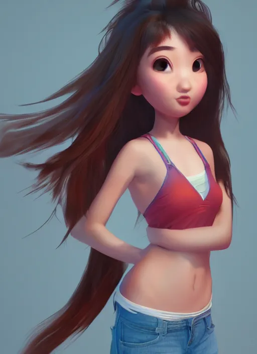 Image similar to a cute asian girl dancing, flowing hair in the style of pixar animation, full body shot, viewed from bellow, award winning, hyper detailed, studio lighting, artstation, octane renderer, unreal engine