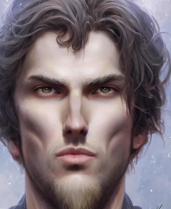 Prompt: portrait close up of man look at the camera in symmetry. concentrated look, symmetry, with an explosion on the back, d & d, fantasy, intricate, elegant, highly detailed, digital painting, artstation, concept art, art by artgerm and greg rutkowski and alphonse mucha, boris vallejo