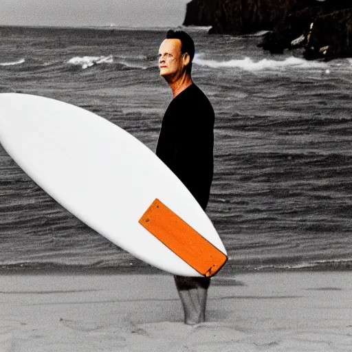 Image similar to tom hanks on a surfboard at the beach, photography, 3 5 mm lens,