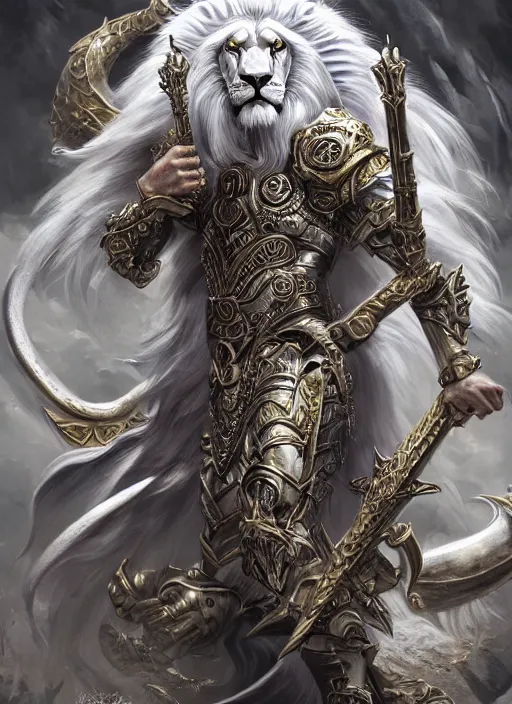 Prompt: anthropomorphized white lion paladin casting spell, heroic pose, concept art, insanely detailed and intricate, hypermaximalist, elegant, ornate, hyper realistic, super detailed, art deco, cinematic, trending on artstation, magic the gathering artwork