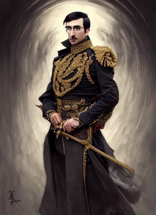 Image similar to portrait of supreme leader john oliver, royalty, extravagant, lord, full body, military uniform, fantasy, intricate, elegant, beautiful, highly detailed, charcoal, centered, dark, smokey, digital painting, artstation, concept art, art by artgerm and greg rutkowski and alphonse mucha