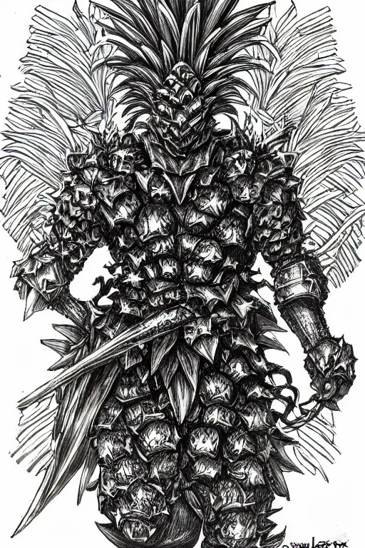 Image similar to pineapple humanoid figure monster wearing pineapple themed armour, symmetrical, highly detailed, digital art, sharp focus, trending on art station, kentaro miura manga art style