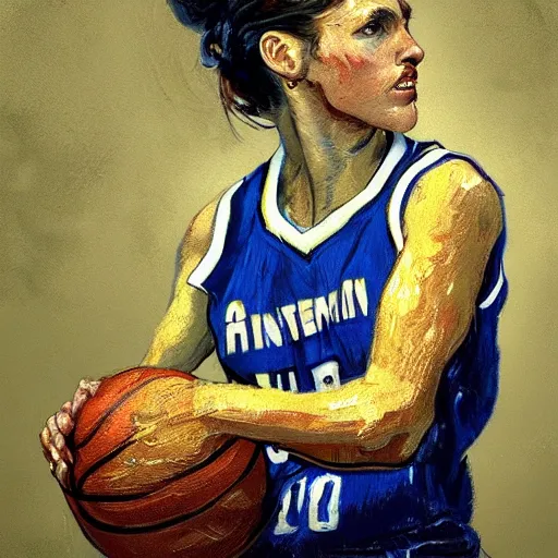 Image similar to painting of an woman basketball player, a van gogh style, greg rutkowski, cg worker artstation