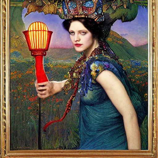Image similar to queen of twilight with her lantern, by Annie Swynnerton and Diego Rivera and Tino Rodriguez and Maxfield Parrish, elaborate headdress and embroidered velvet, iridescent beetles, rich color, dramatic cinematic lighting, extremely detailed